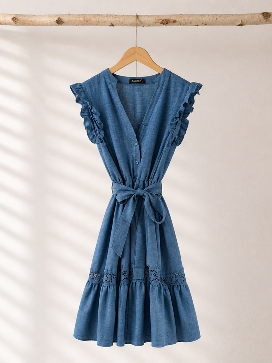 Allegra K Dresses & Skirts - Allegra K Blue Ruffle-Sleeve Tie-Waist Midi Dress